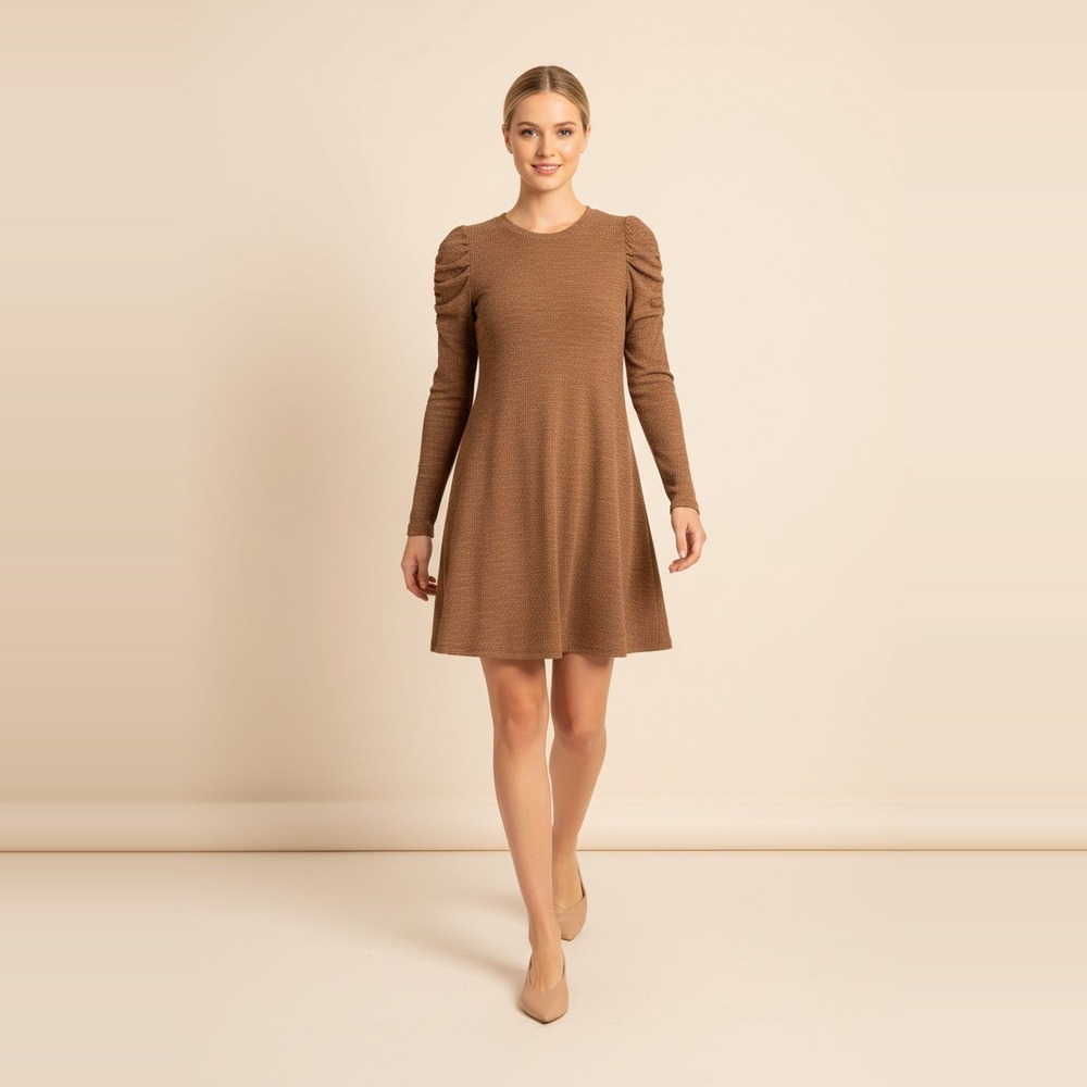 Mystree NWT Ruched Puff Sleeve Sweater Dress Womens M Caramel Brown Rib Knit